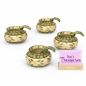 Temptation OLD WORLD GREEN Sponge Band Dot Ceramic 16oz Soup Bowl W Spoon Set 4